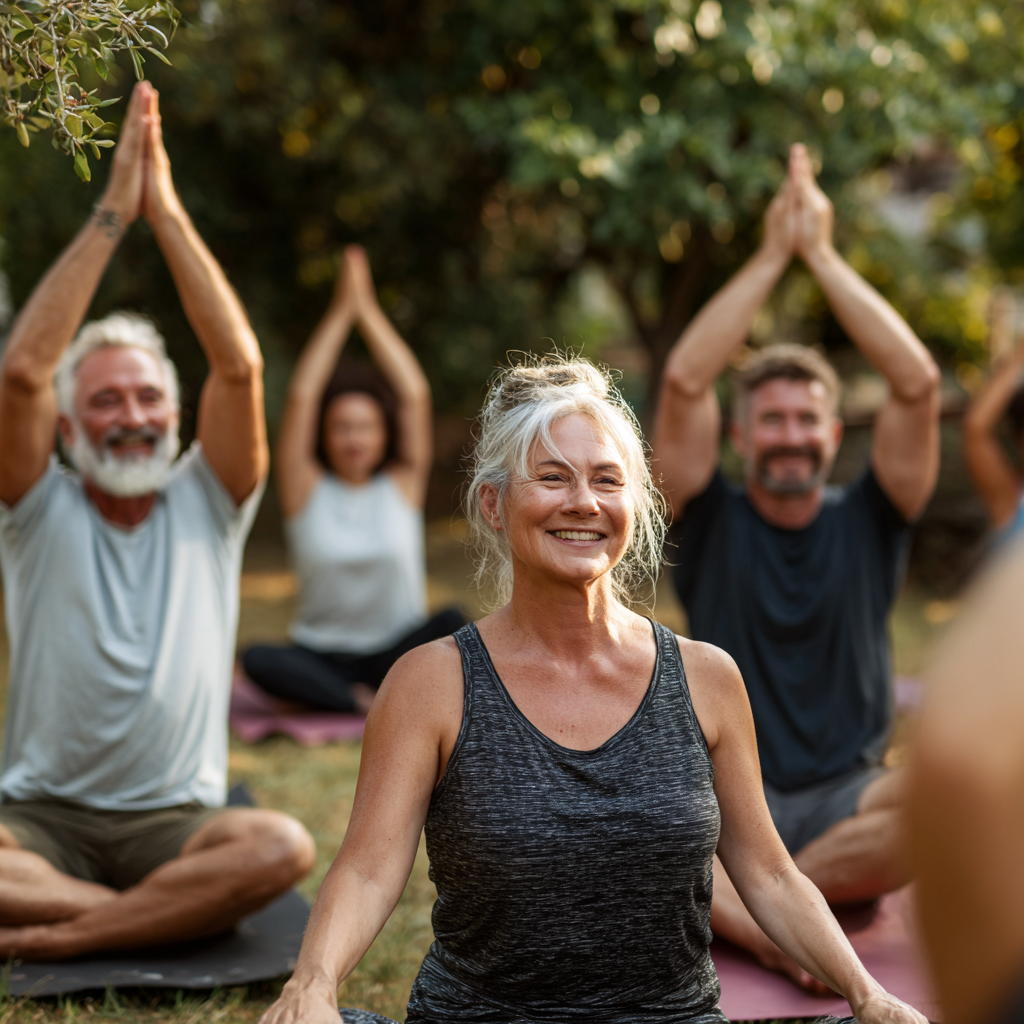 Peaceful elderly Ukrainian woman in meditation pose with serene expression, sitting cross-legged on yoga mat in bright natural light