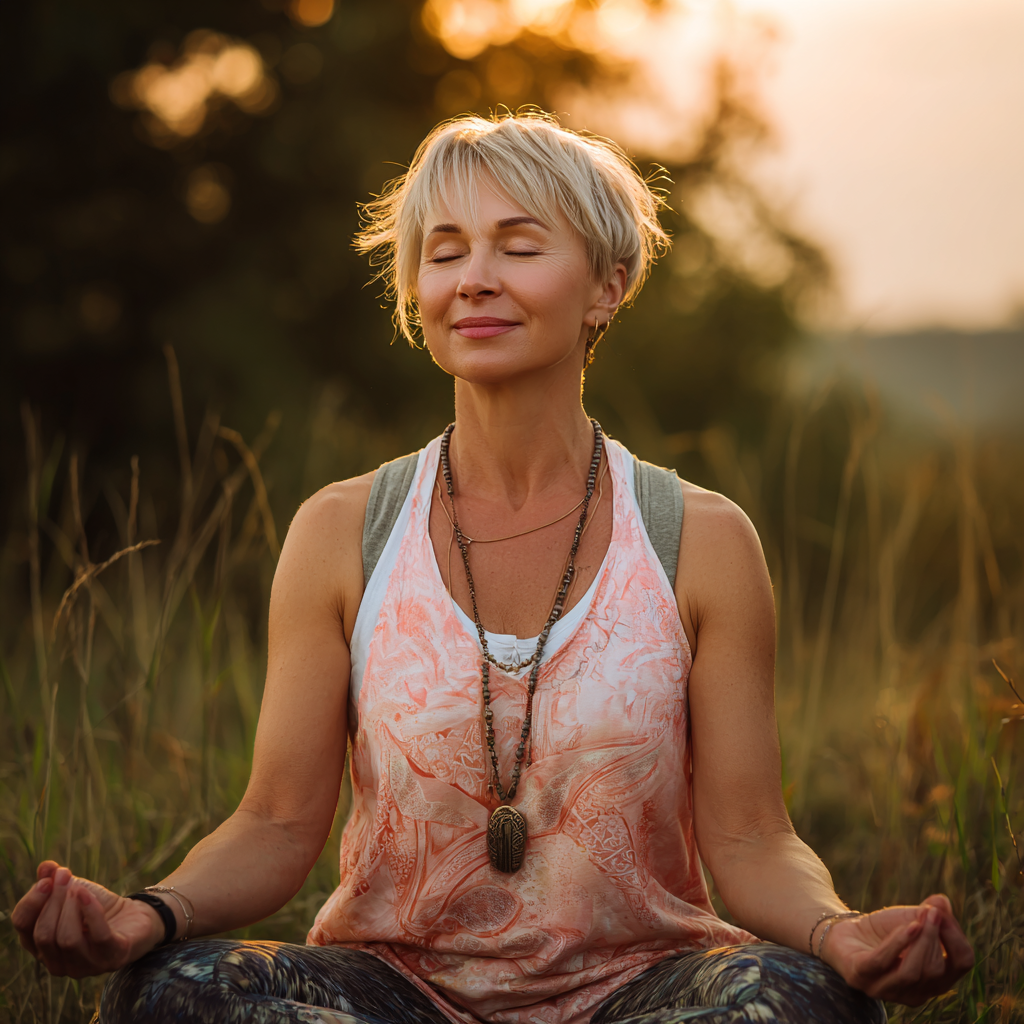 Mature Ukrainian man and woman practicing gentle yoga poses together outdoors in peaceful garden setting with smiling faces
